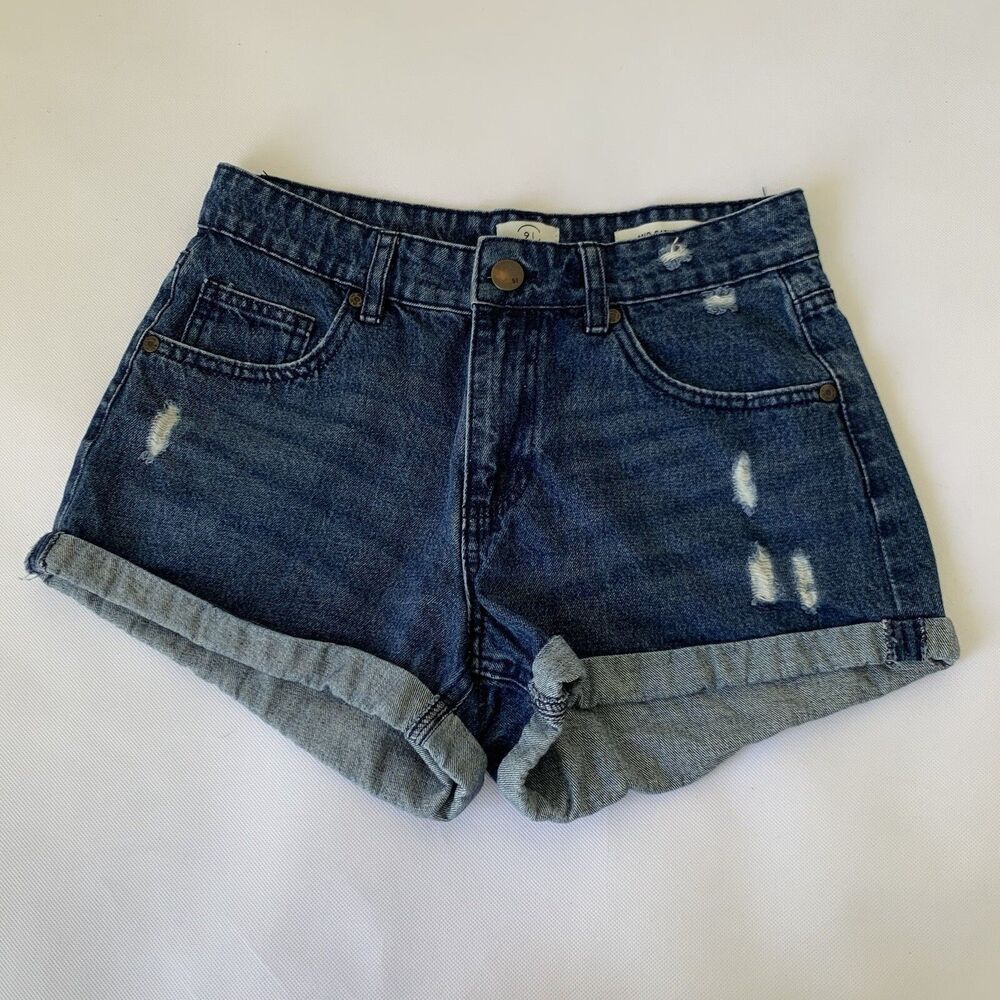 Cotton On Mid‎ Saturday Denim Shorts Women 4 Dark  Roll Cuff Distressed Festival